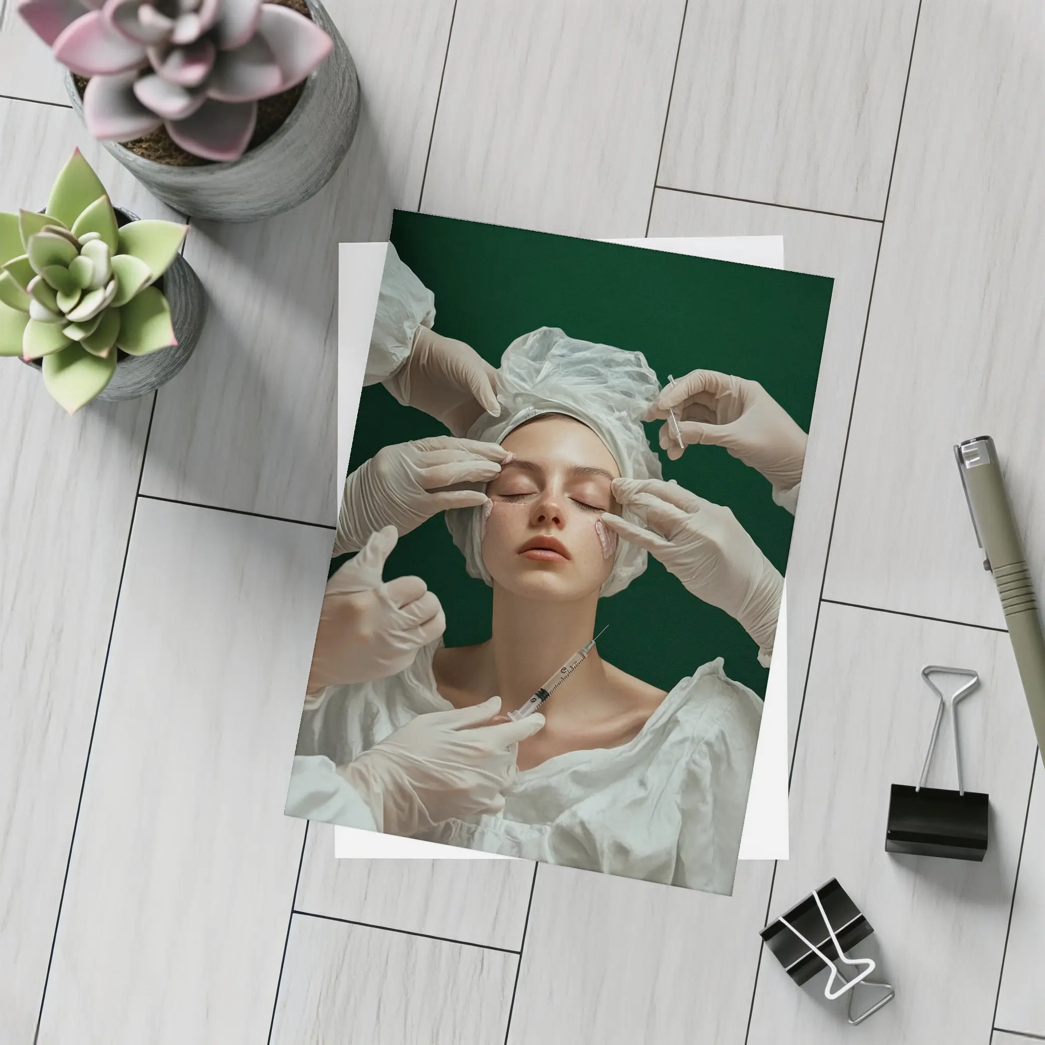 Woman Cosmetic Surgery Injection Dark Green Background – Postcards