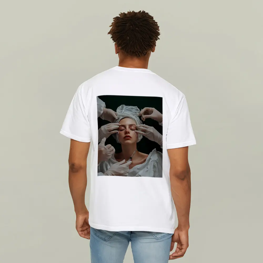 Woman Cosmetic Surgery Injection Dark Green Background – T-Shirts