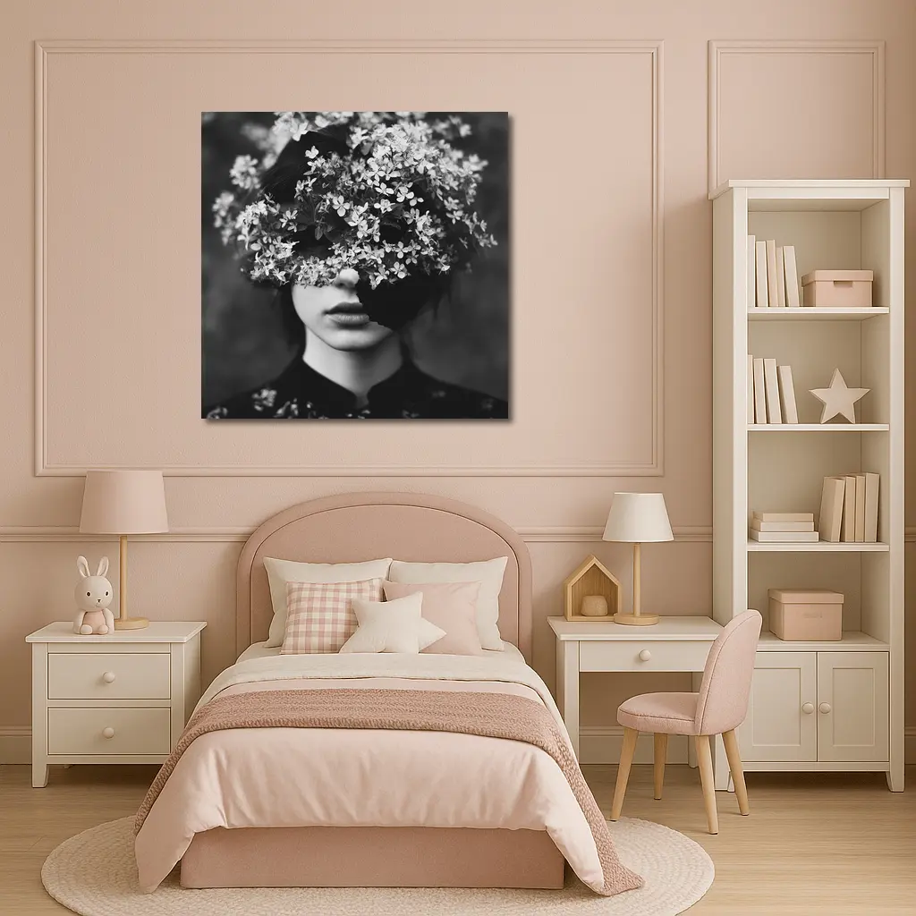 Woman Face Hidden Behind White Flowers – Wall Art