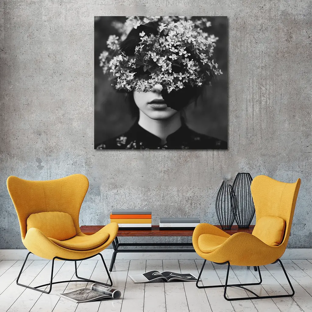 Woman Face Hidden Behind White Flowers – Wall Art