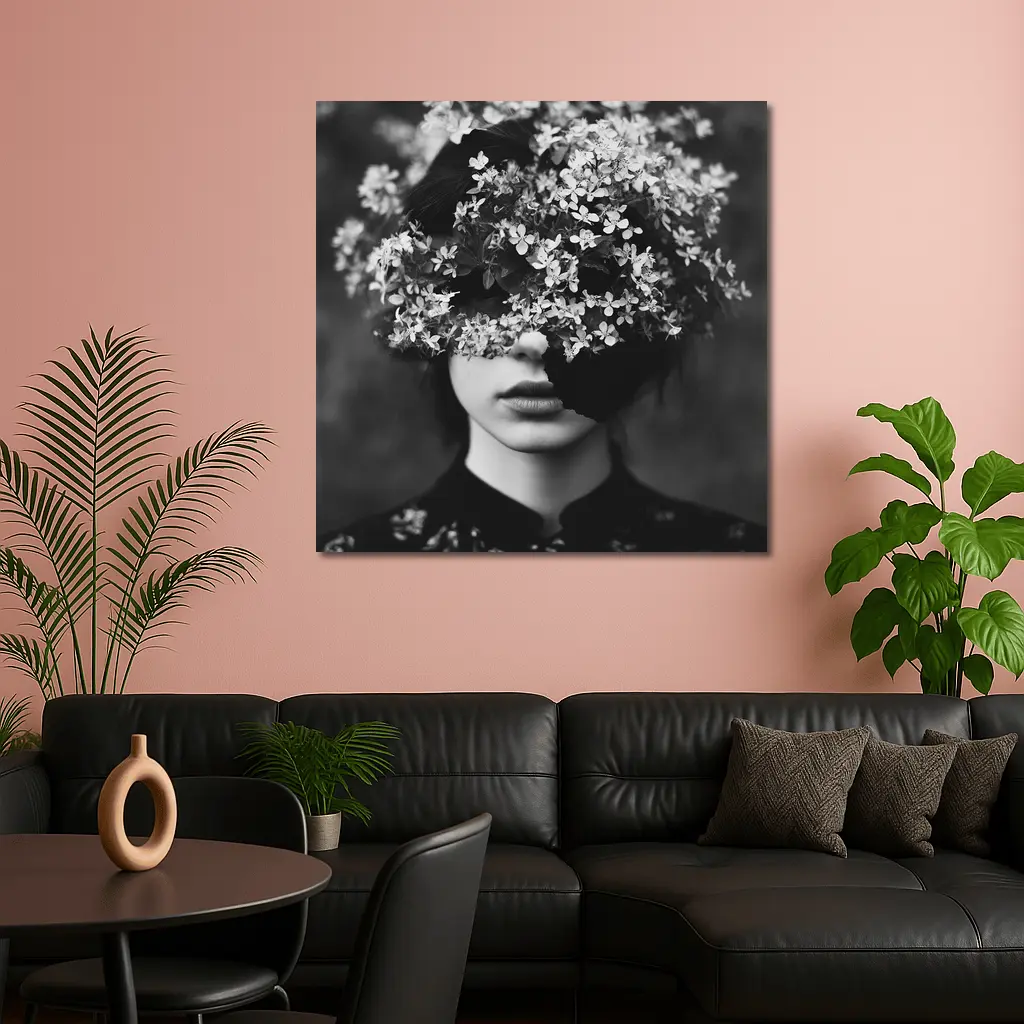 Woman Face Hidden Behind White Flowers – Wall Art