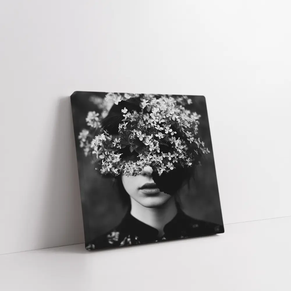 Woman Face Hidden Behind White Flowers – Wall Art