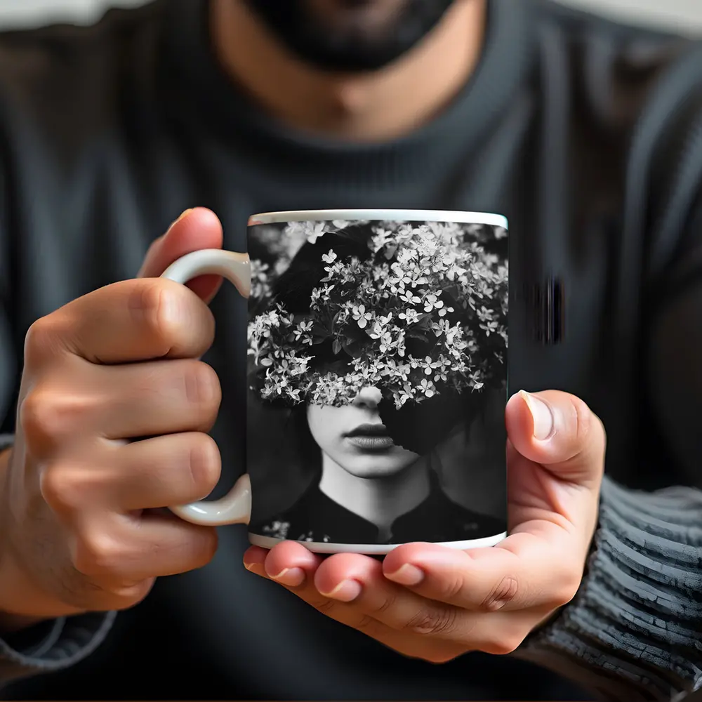 Woman Face Hidden Behind White Flowers – Mugs