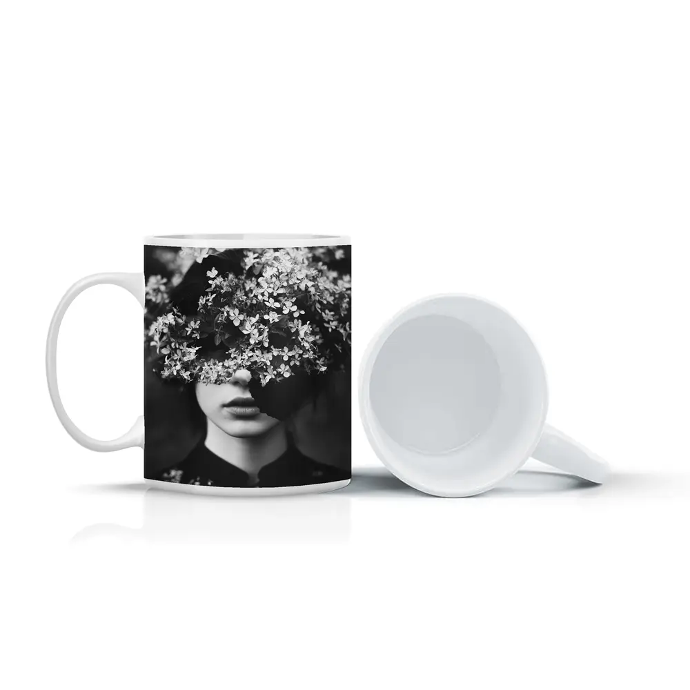 Woman Face Hidden Behind White Flowers – Mugs