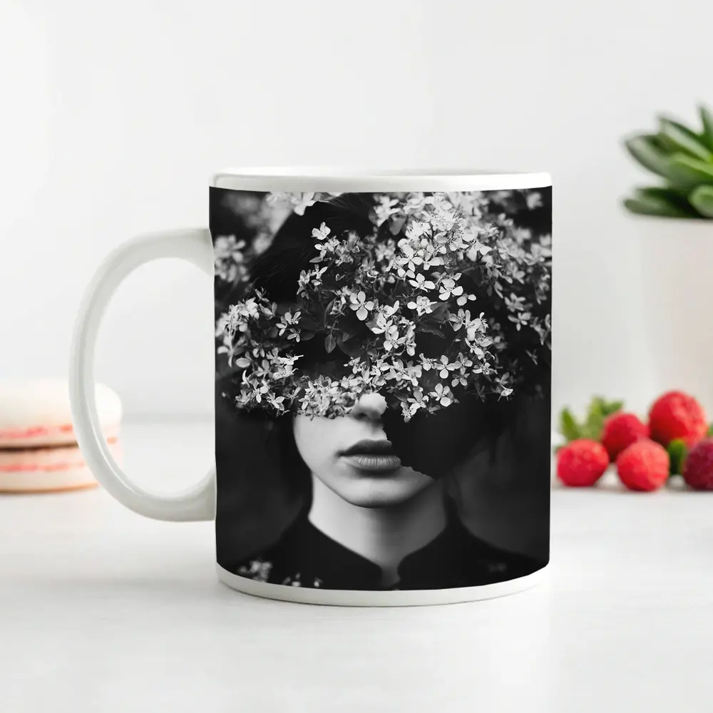 Woman Face Hidden Behind White Flowers – Mugs