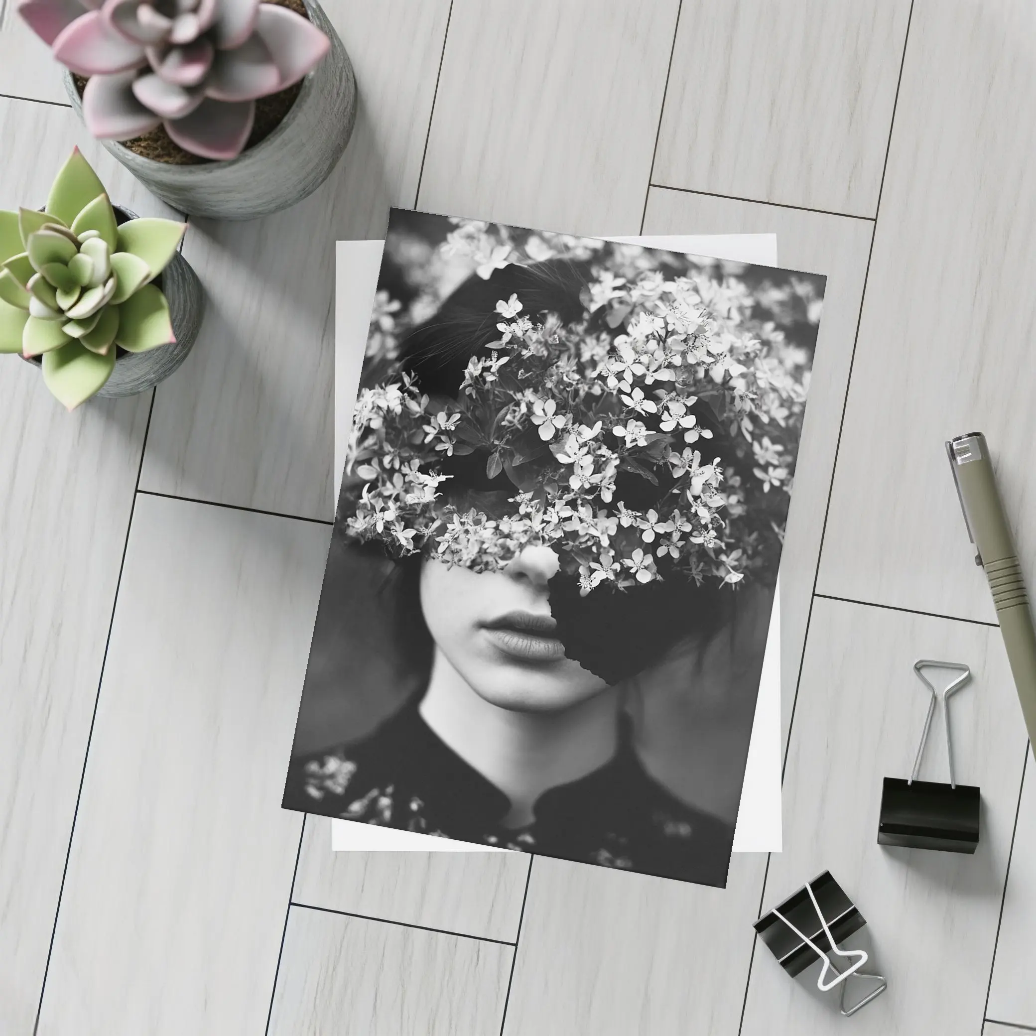 Woman Face Hidden Behind White Flowers – Postcards