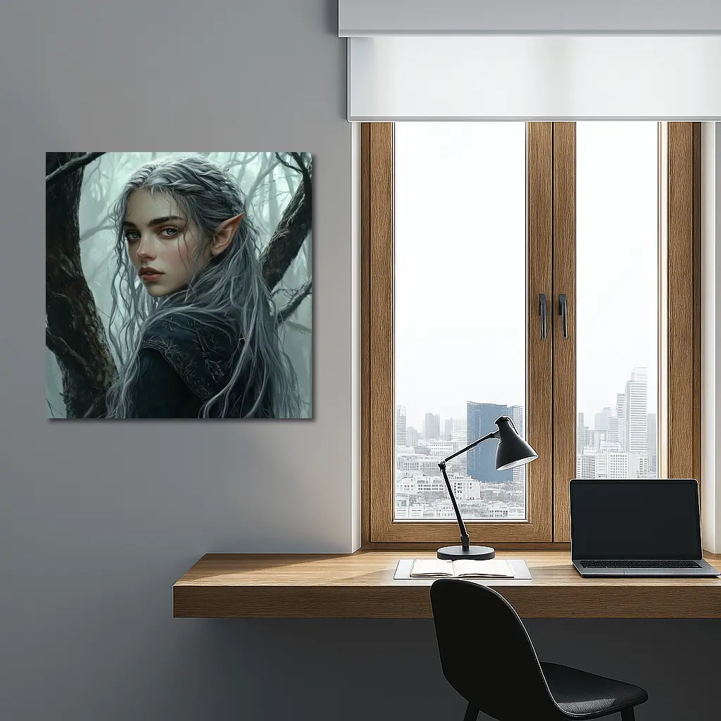 Elf Girl Silver Hair Misty Dark Forest – Wall Art