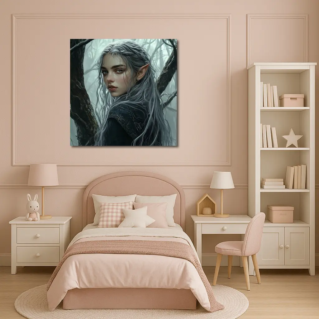 Elf Girl Silver Hair Misty Dark Forest – Wall Art