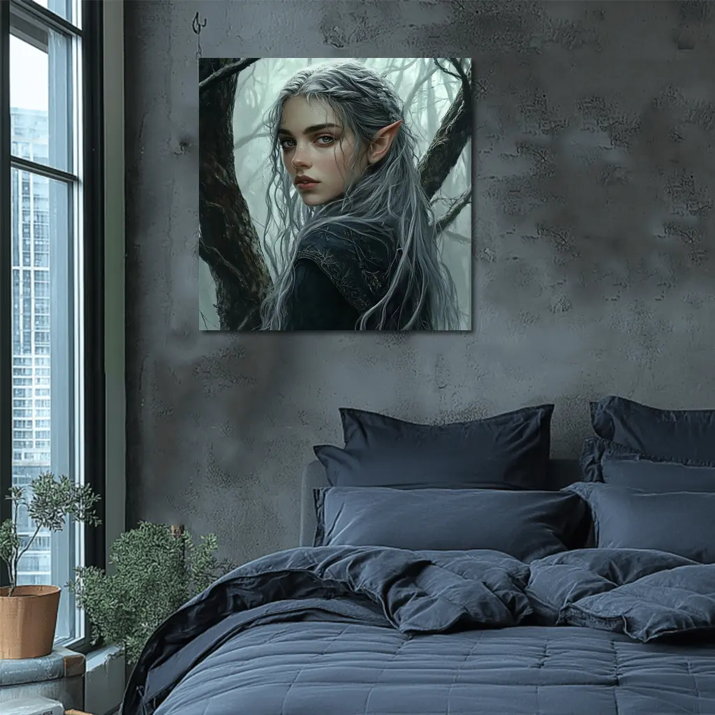 Elf Girl Silver Hair Misty Dark Forest – Wall Art