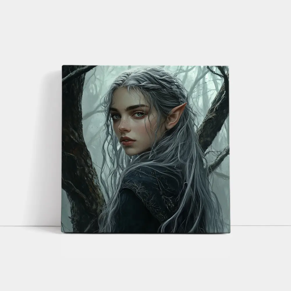 Elf Girl Silver Hair Misty Dark Forest – Wall Art