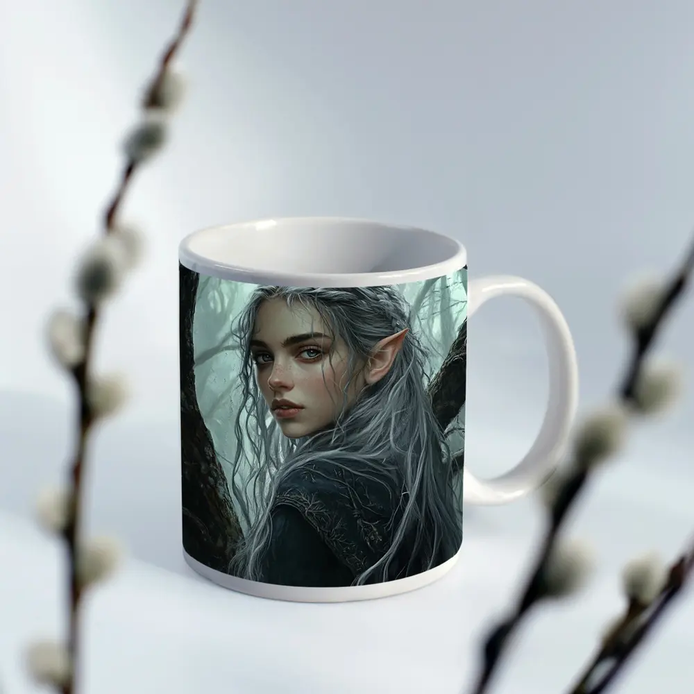 Elf Girl Silver Hair Misty Dark Forest – Mugs
