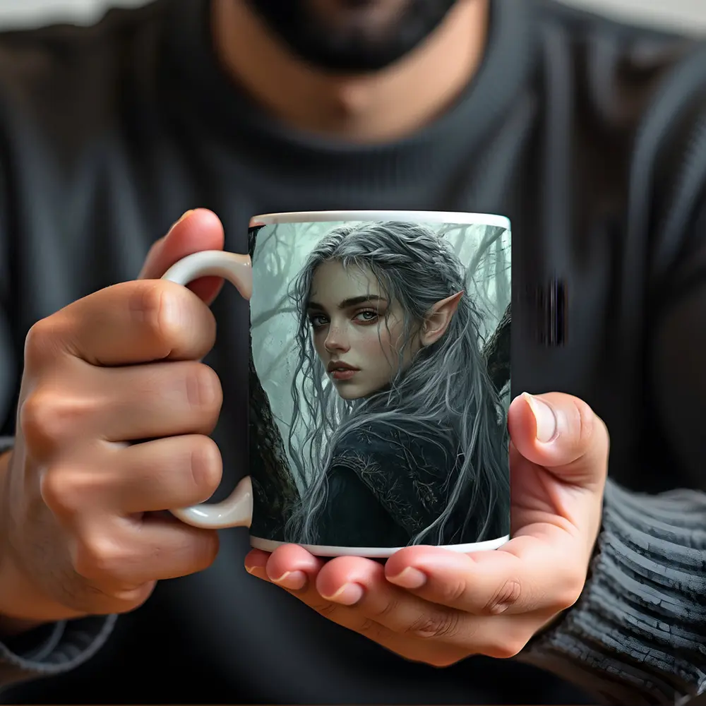 Elf Girl Silver Hair Misty Dark Forest – Mugs