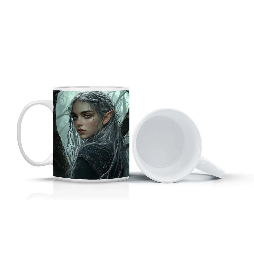 Elf Girl Silver Hair Misty Dark Forest – Mugs