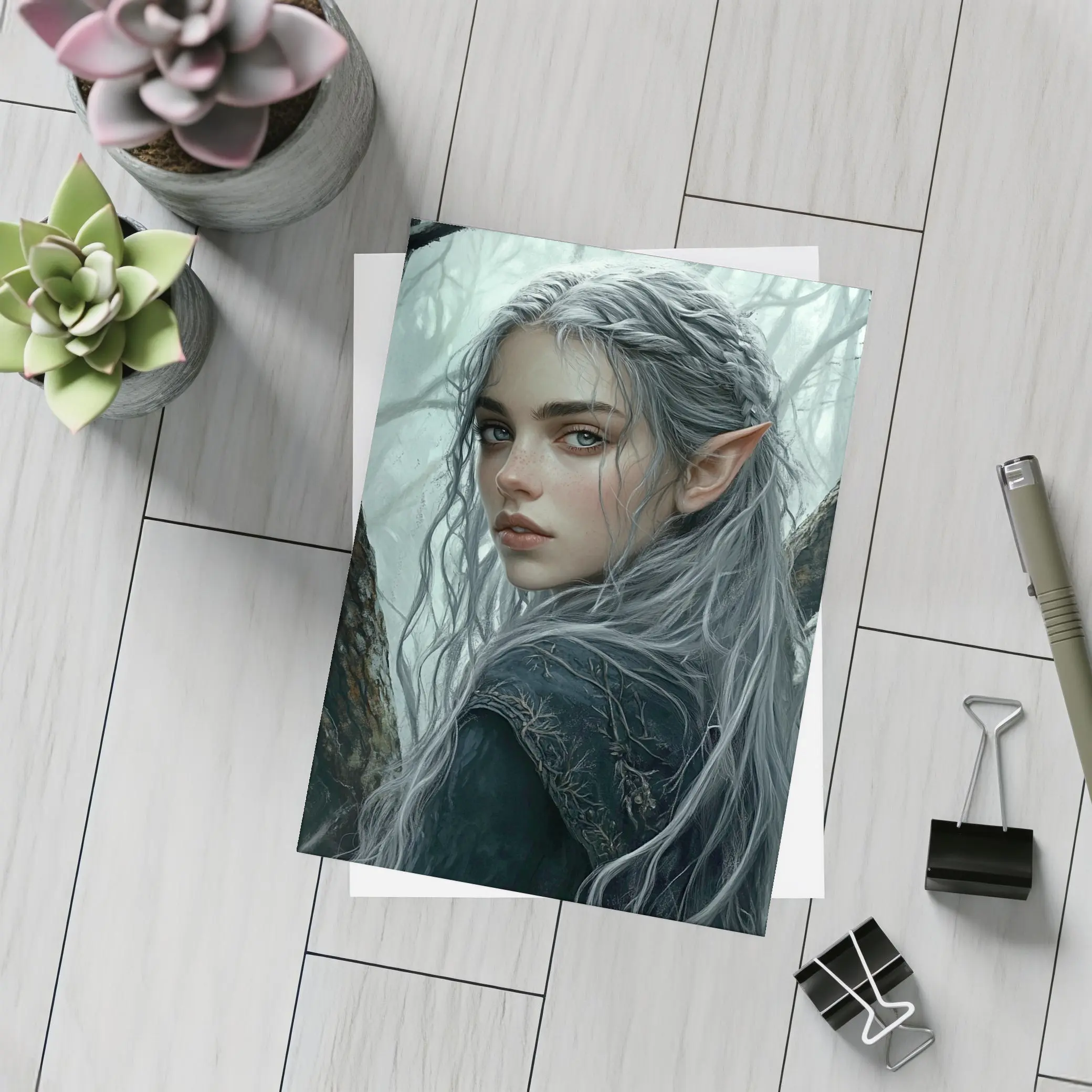 Elf Girl Silver Hair Misty Dark Forest – Postcards