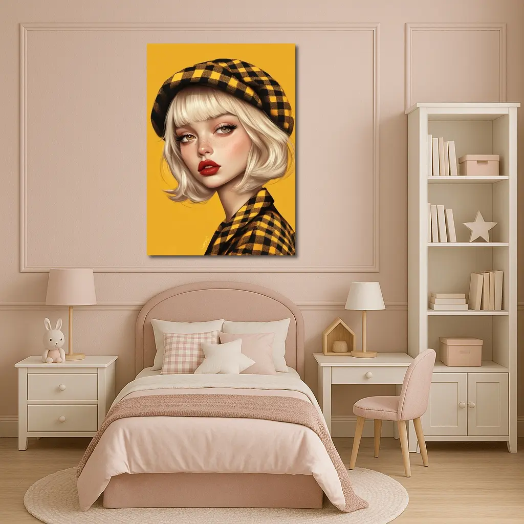 Blonde Girl Yellow Plaid Beret Digital Art – Wall Art