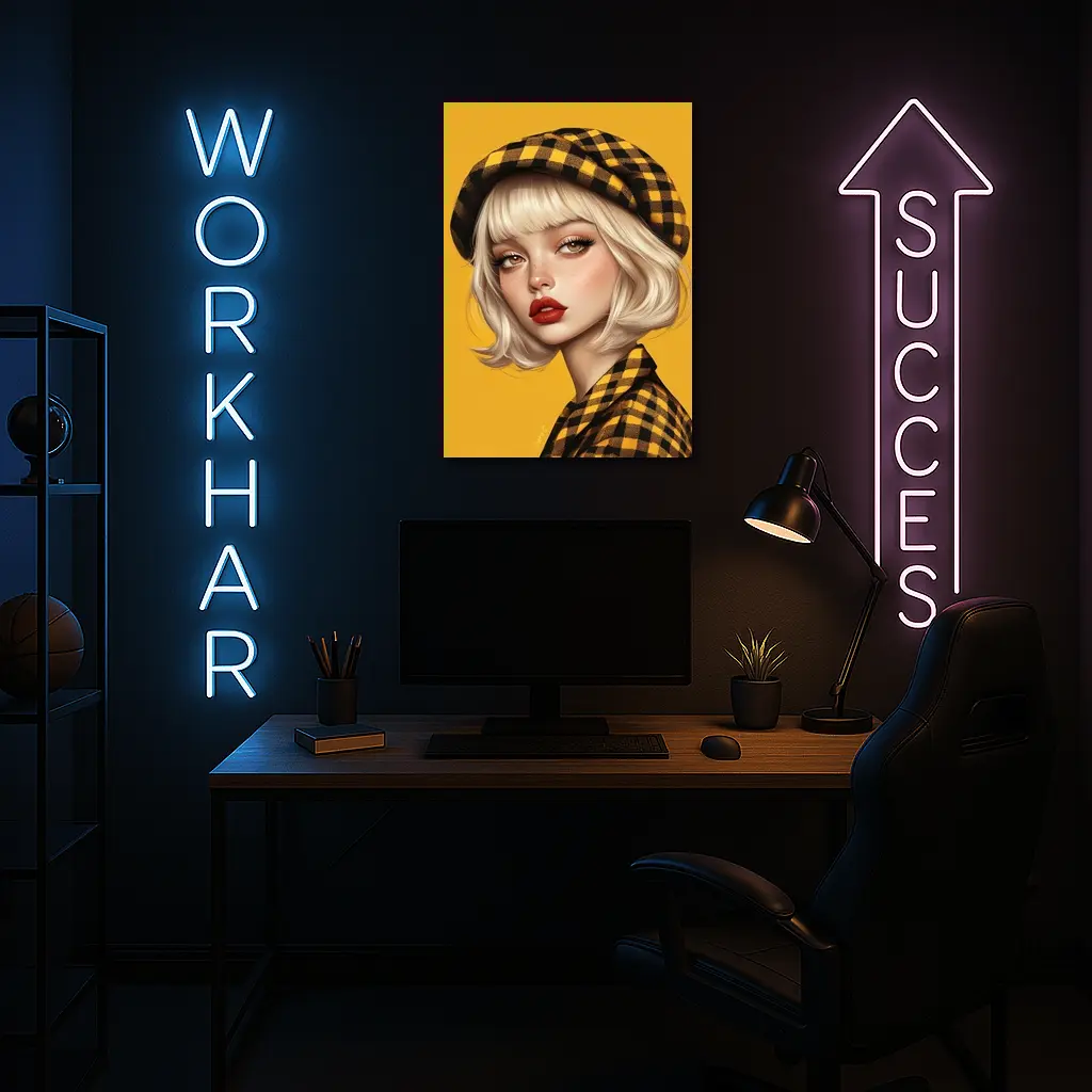 Blonde Girl Yellow Plaid Beret Digital Art – Wall Art