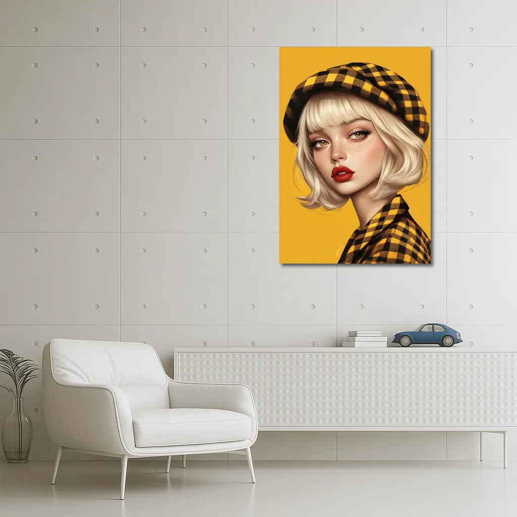 Blonde Girl Yellow Plaid Beret Digital Art – Wall Art