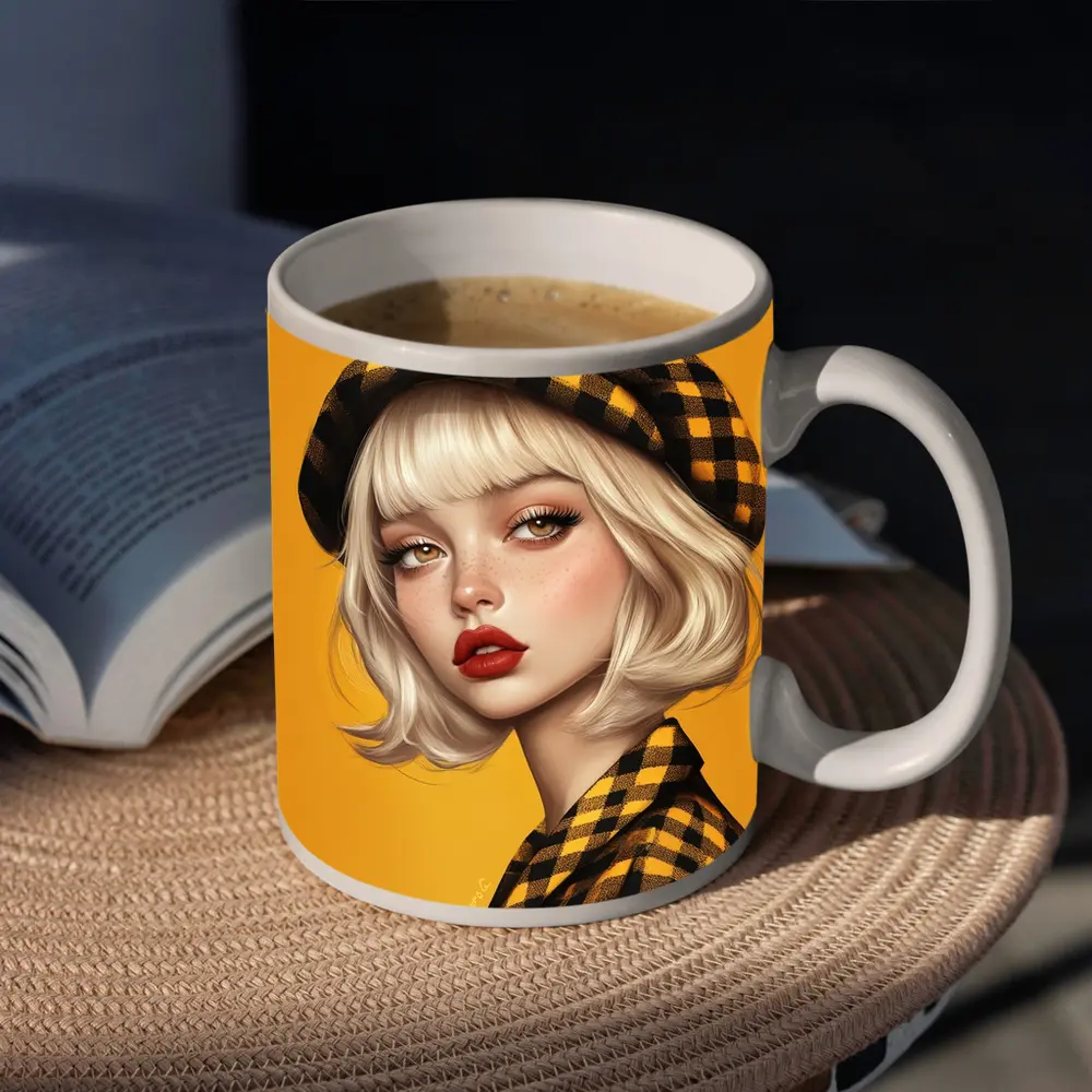 Blonde Girl Yellow Plaid Beret Digital Art – Mugs