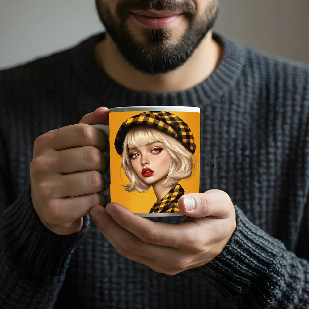 Blonde Girl Yellow Plaid Beret Digital Art – Mugs