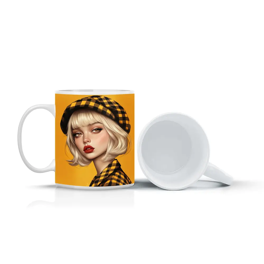 Blonde Girl Yellow Plaid Beret Digital Art – Mugs