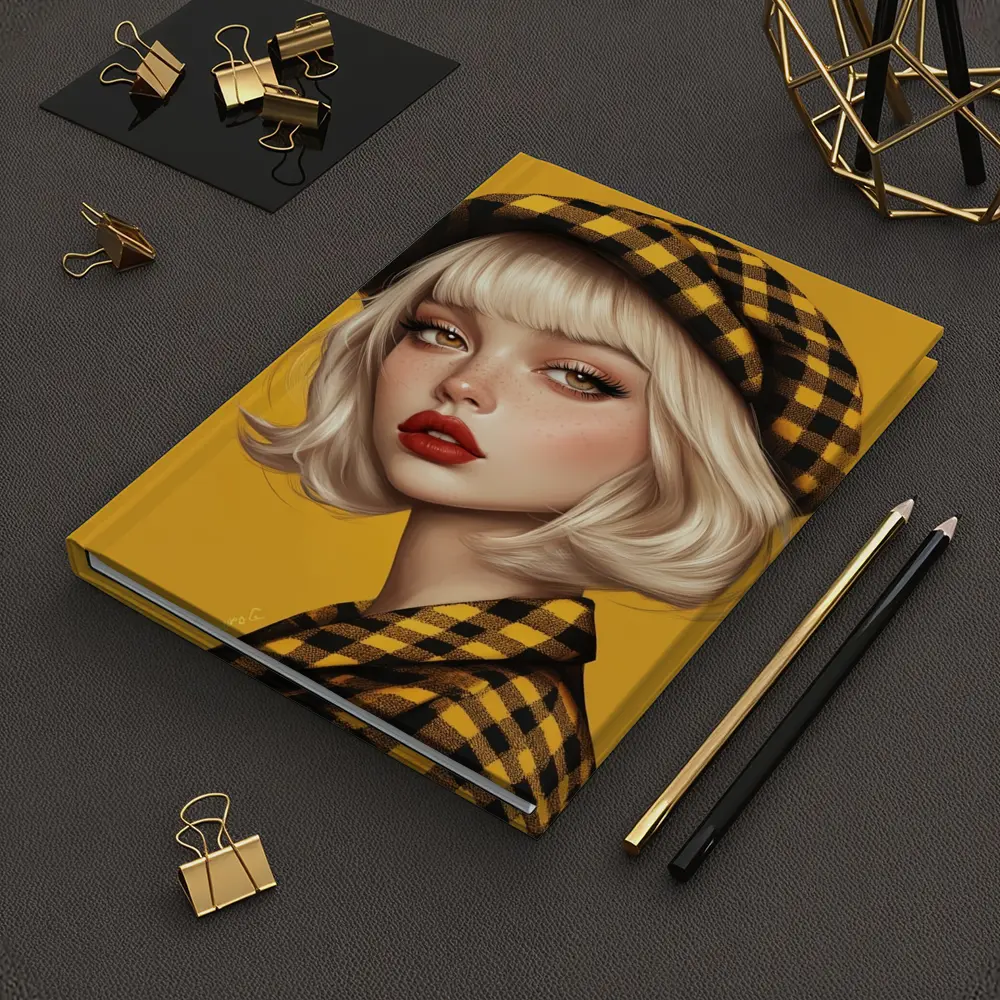 Blonde Girl Yellow Plaid Beret Digital Art – Notebooks