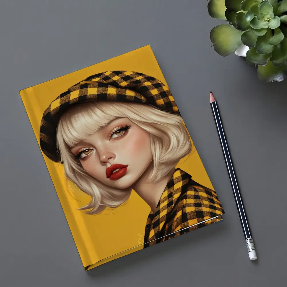 Blonde Girl Yellow Plaid Beret Digital Art – Notebooks
