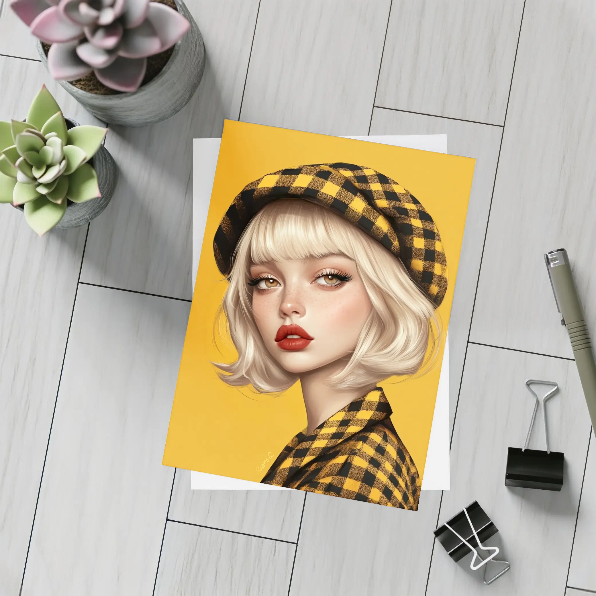 Blonde Girl Yellow Plaid Beret Digital Art – Postcards