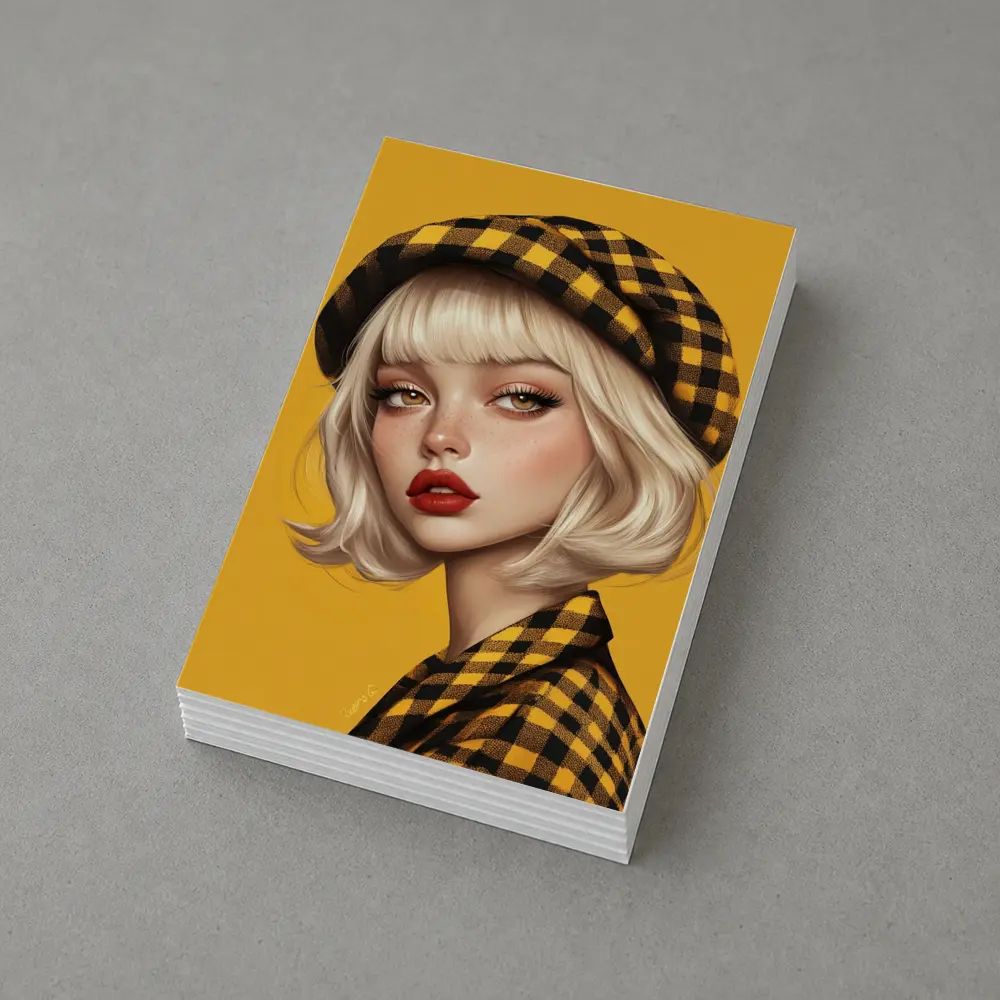 Blonde Girl Yellow Plaid Beret Digital Art – Postcards