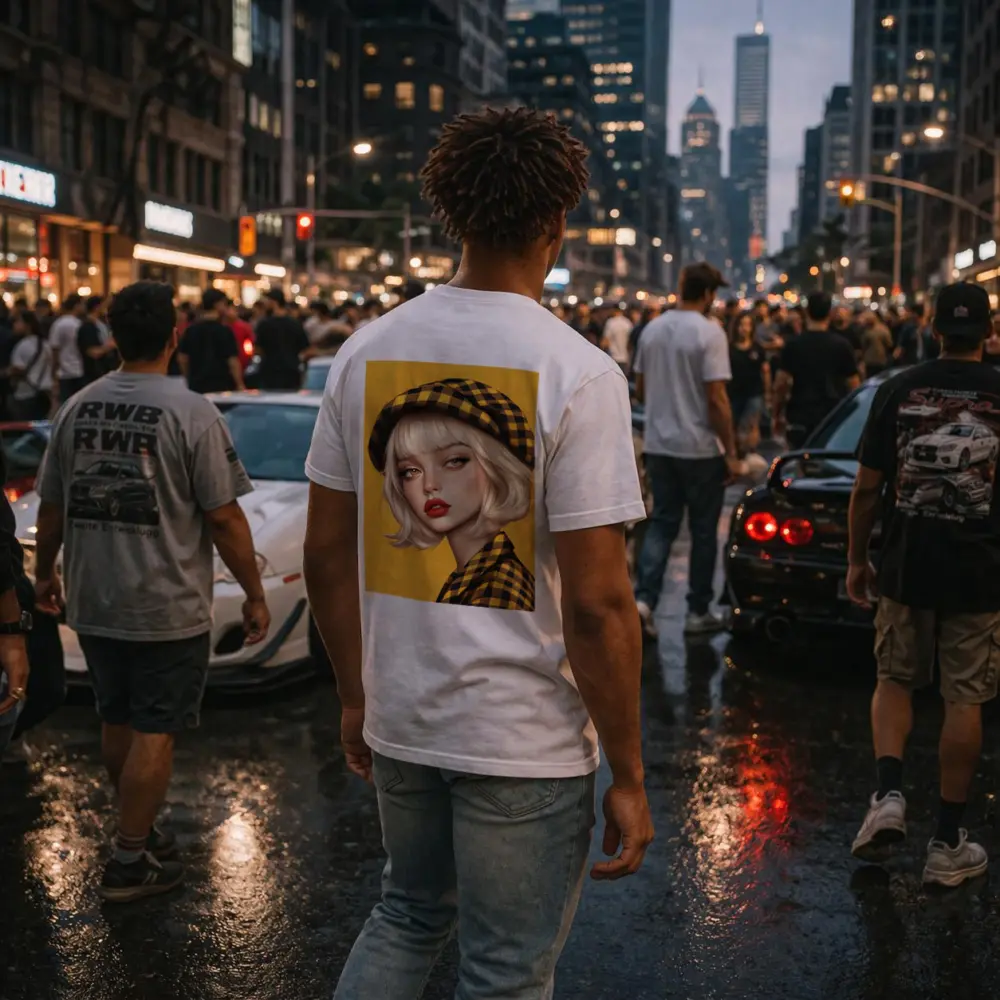 Blonde Girl Yellow Plaid Beret Digital Art – T-Shirts