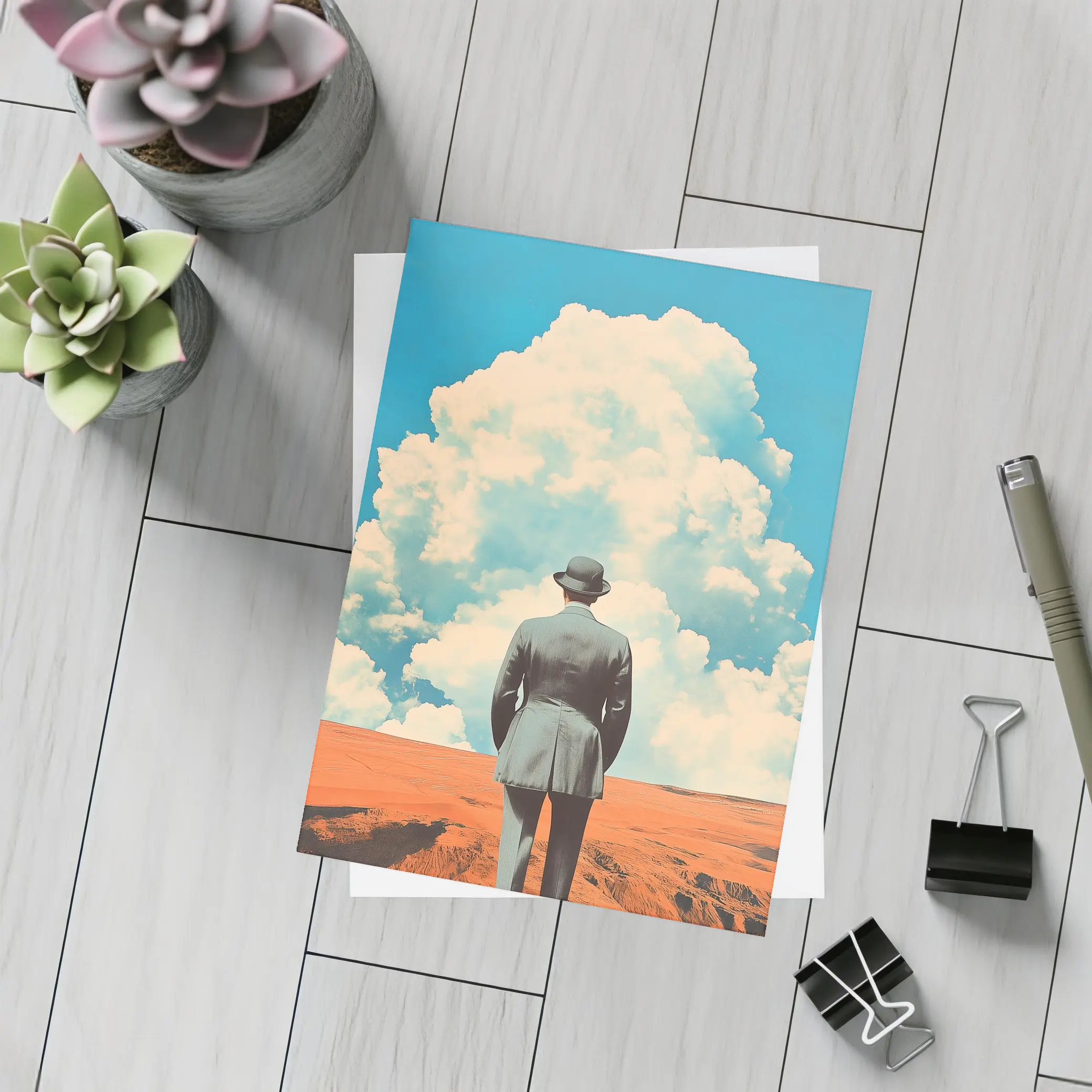 Man in Bowler Hat Desert Sky Collage – Postcards