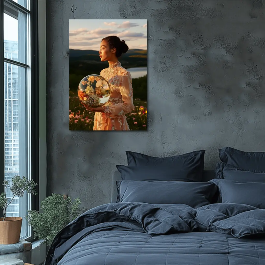 Woman Holding Flower Globe in Field – Wall Art