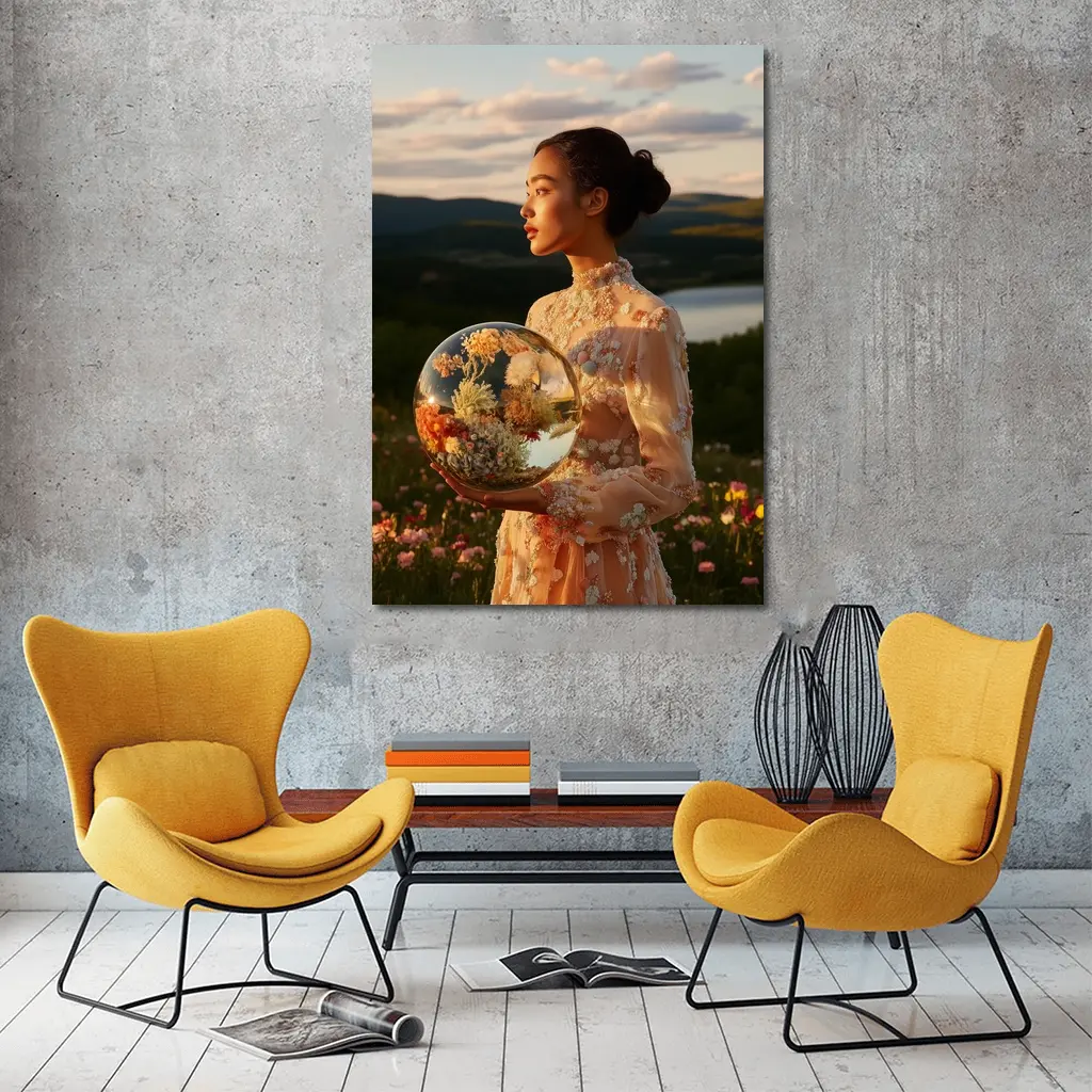 Woman Holding Flower Globe in Field – Wall Art