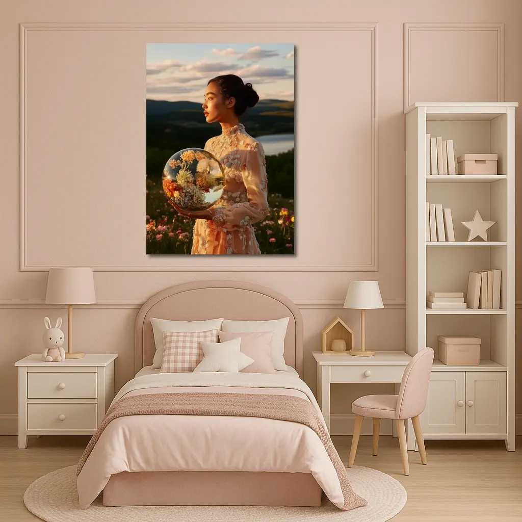 Woman Holding Flower Globe in Field – Wall Art