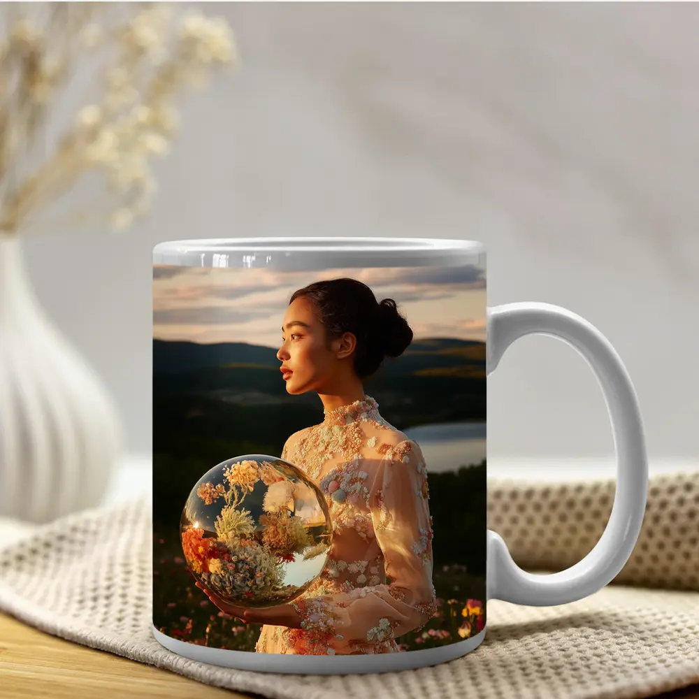Woman Holding Flower Globe in Field – Mugs