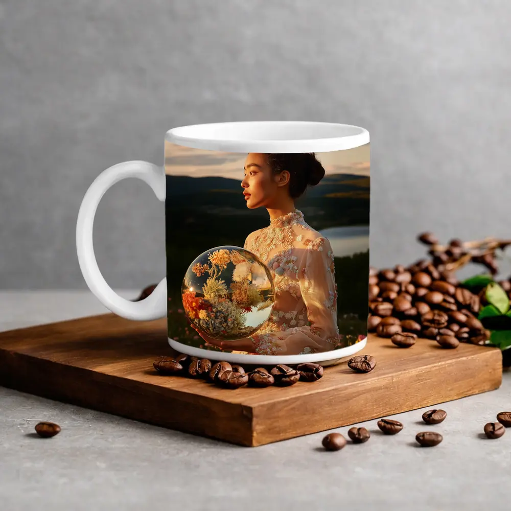 Woman Holding Flower Globe in Field – Mugs