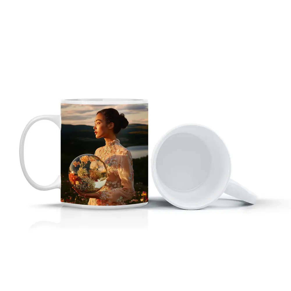Woman Holding Flower Globe in Field – Mugs