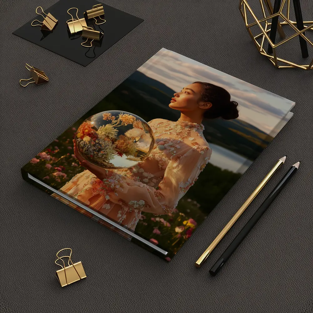 Woman Holding Flower Globe in Field – Notebooks