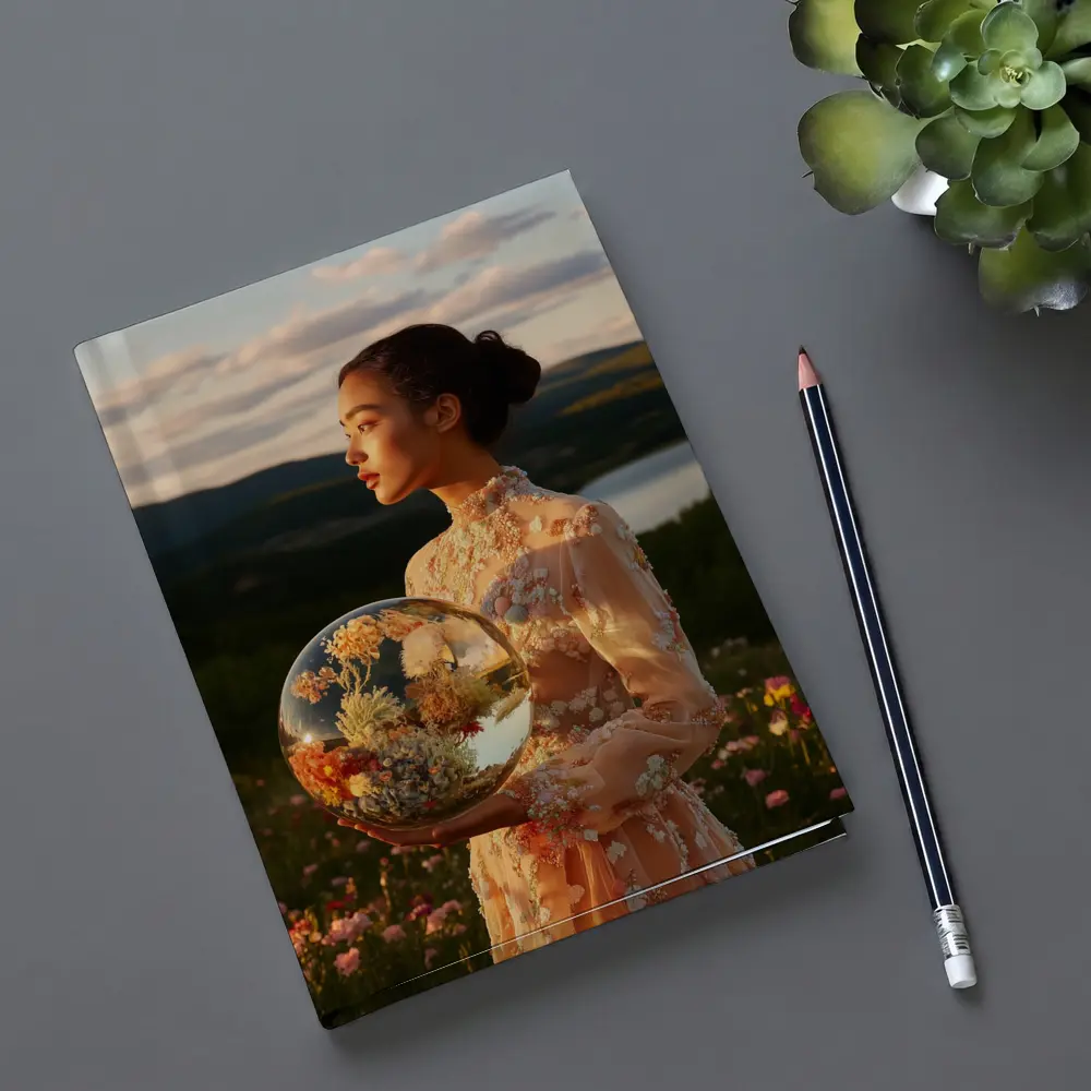 Woman Holding Flower Globe in Field – Notebooks