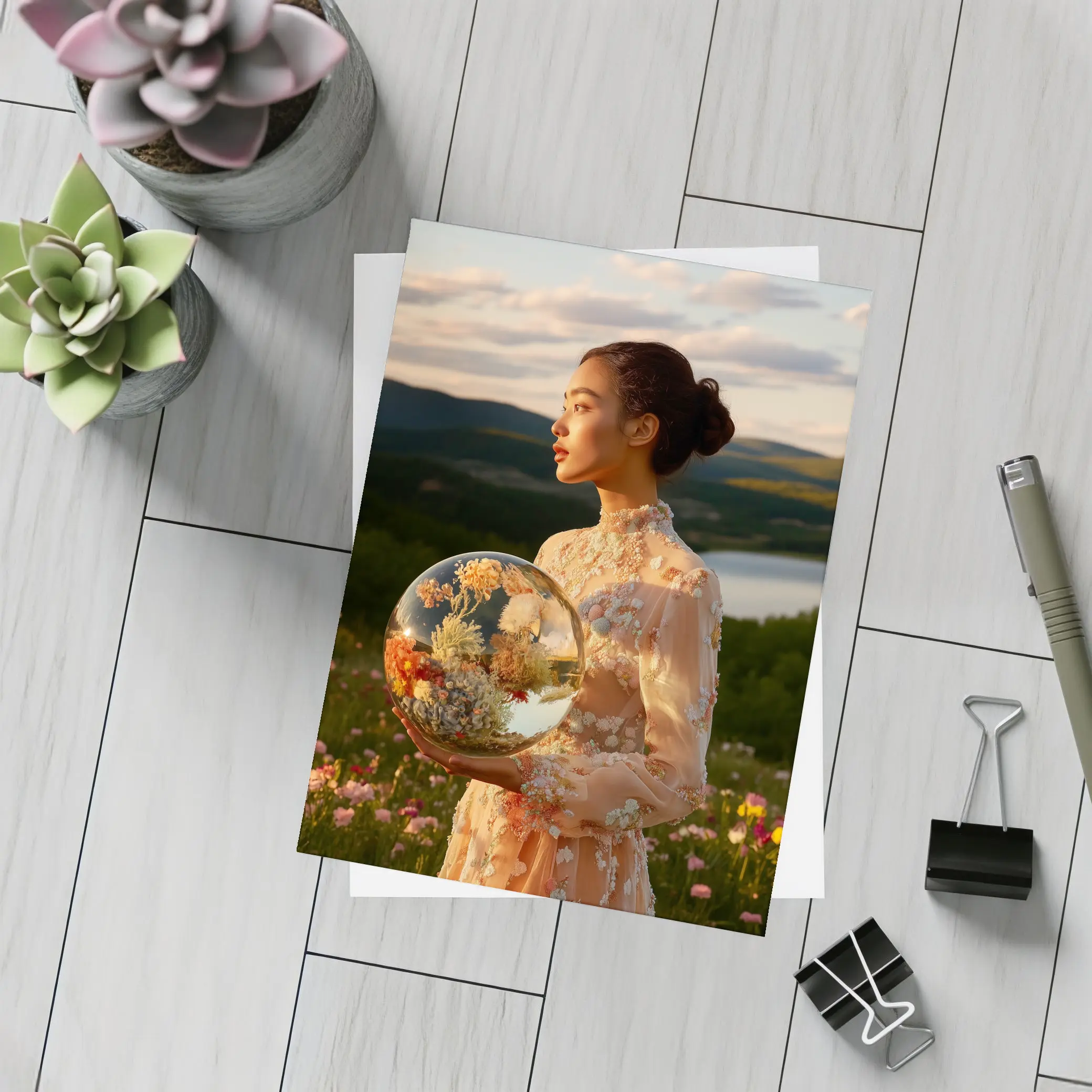 Woman Holding Flower Globe in Field – Postcards