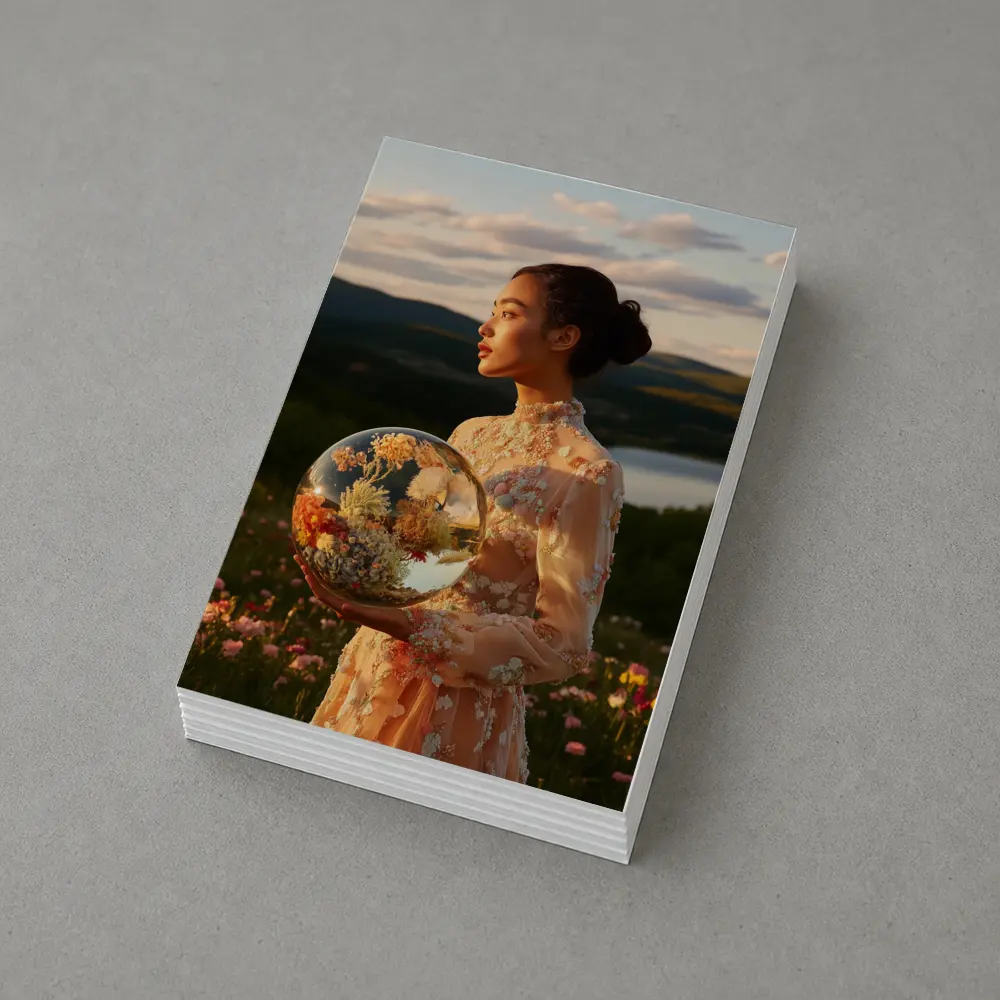 Woman Holding Flower Globe in Field – Postcards