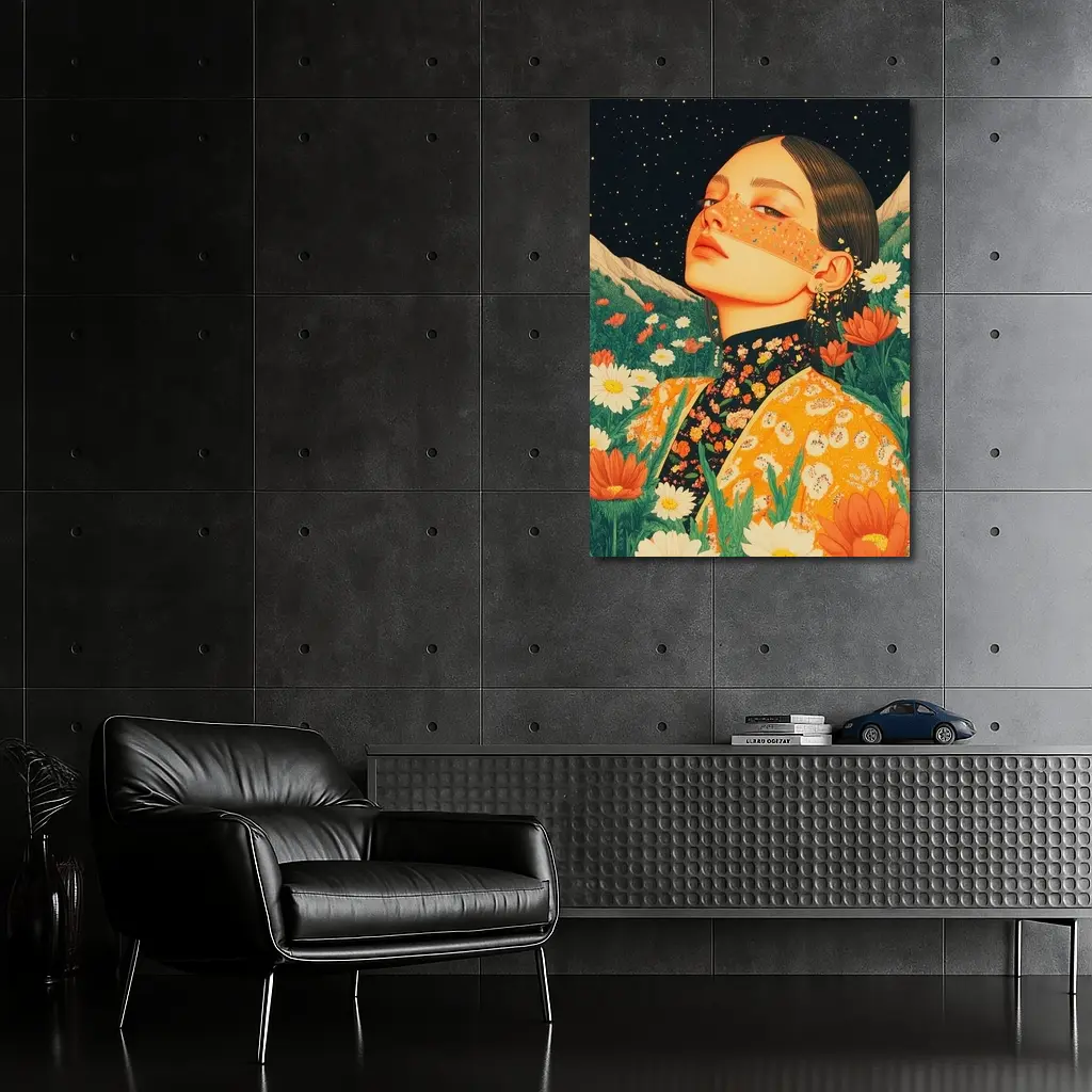 Woman In Flowers Starry Night Illustration – Wall Art