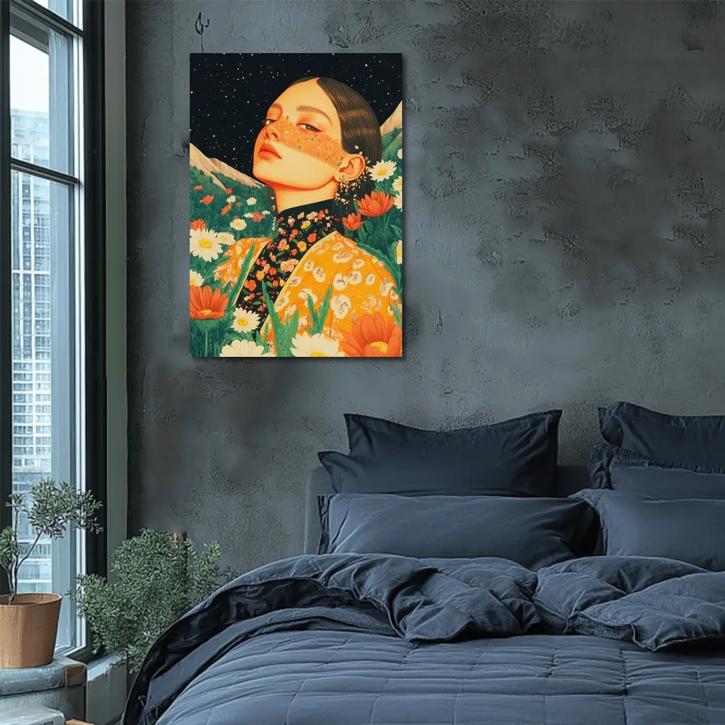 Woman In Flowers Starry Night Illustration – Wall Art