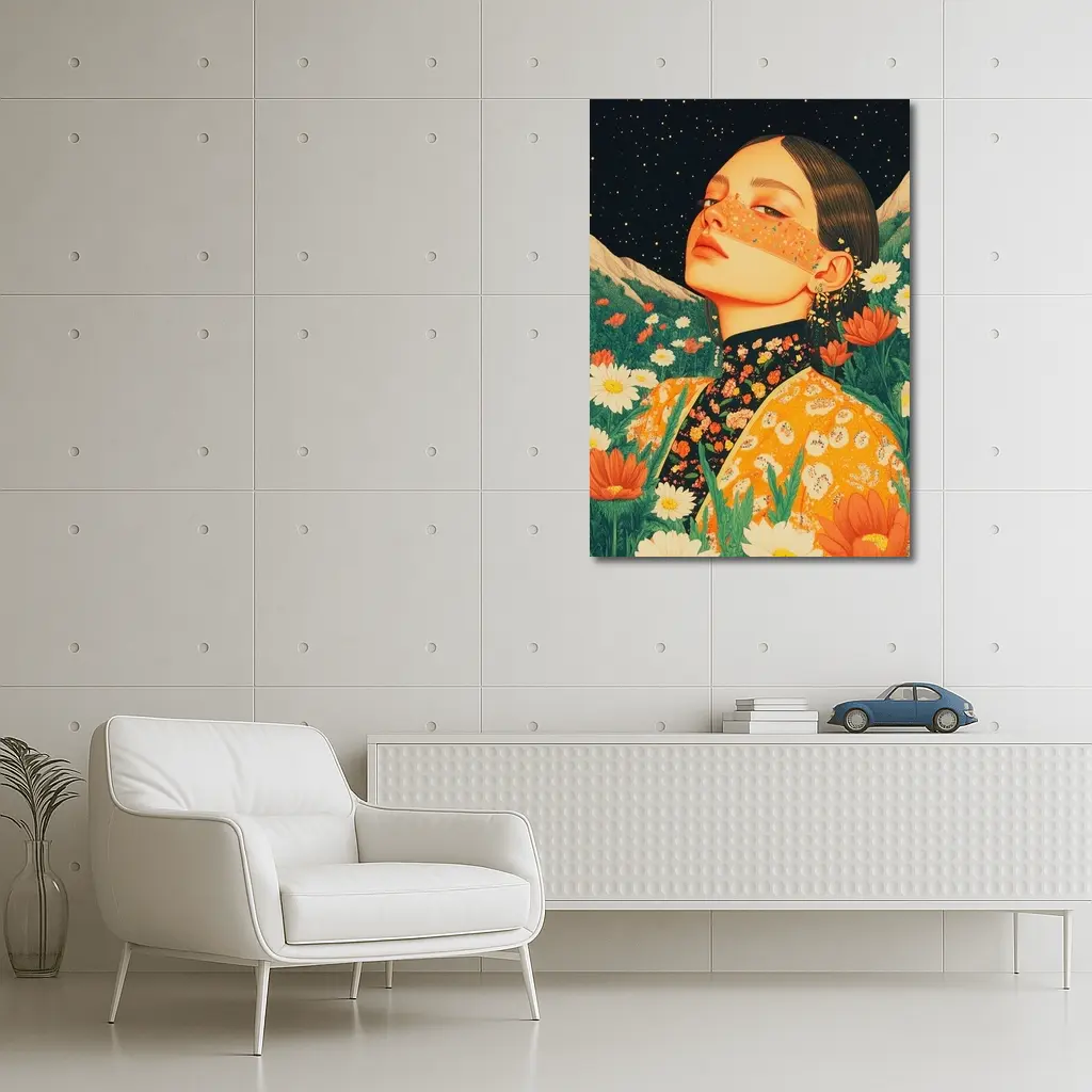 Woman In Flowers Starry Night Illustration – Wall Art