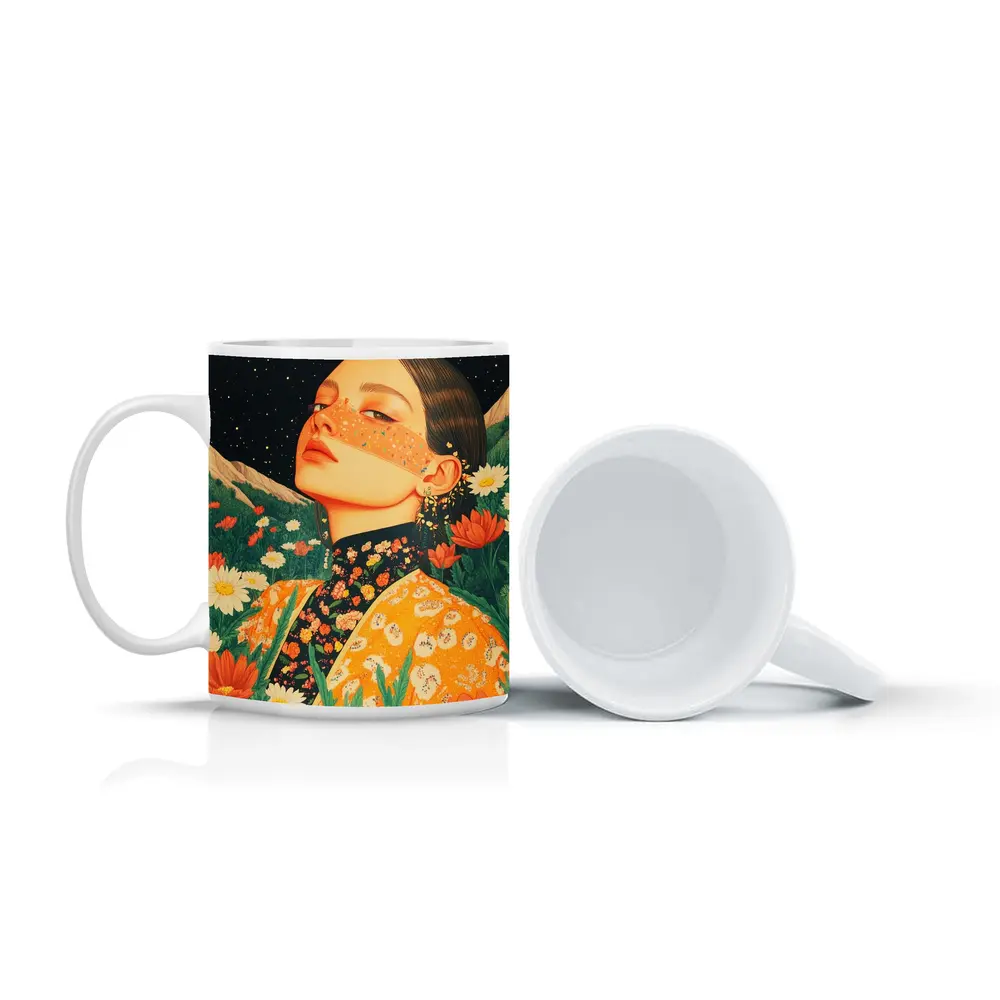 Woman In Flowers Starry Night Illustration – Mugs