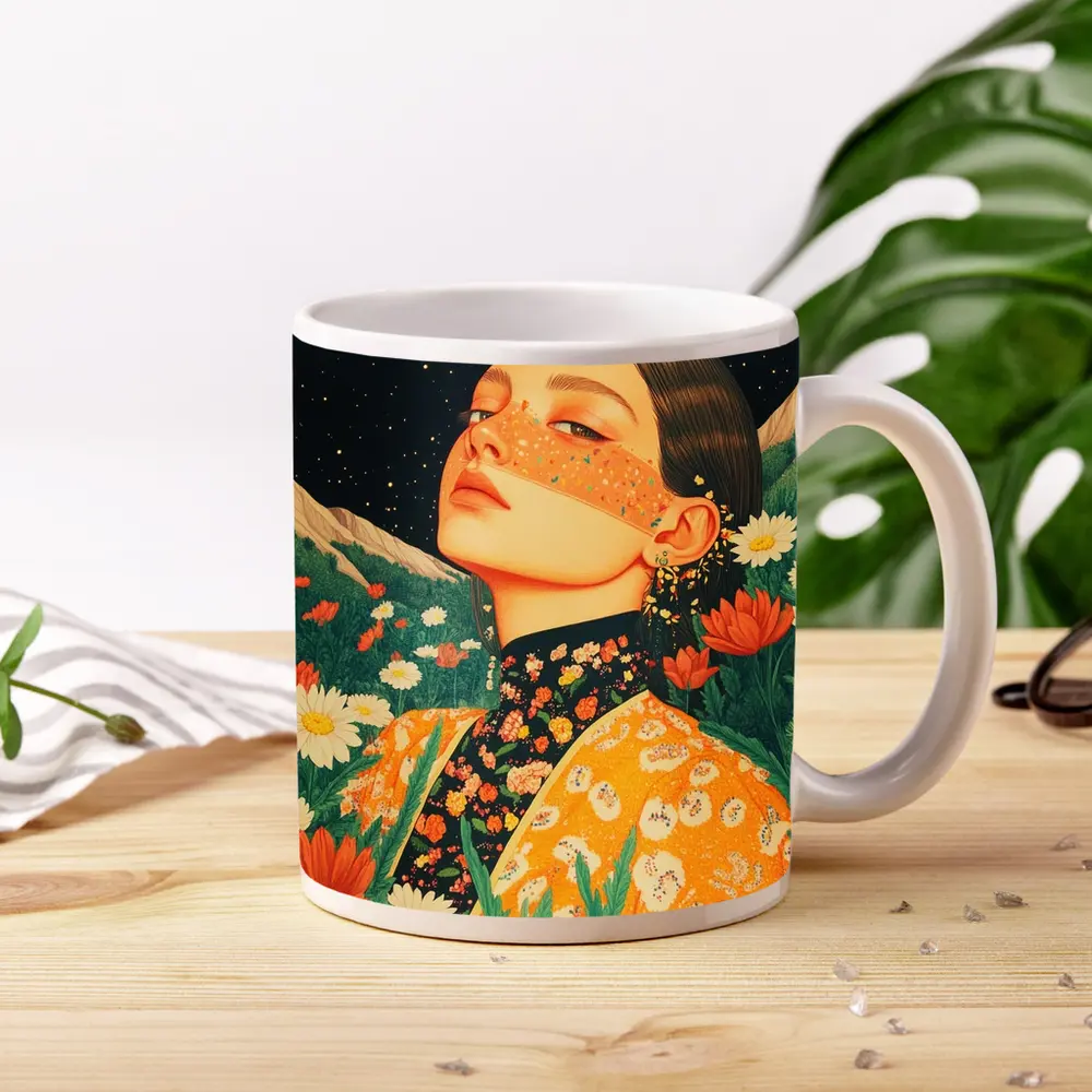 Woman In Flowers Starry Night Illustration – Mugs