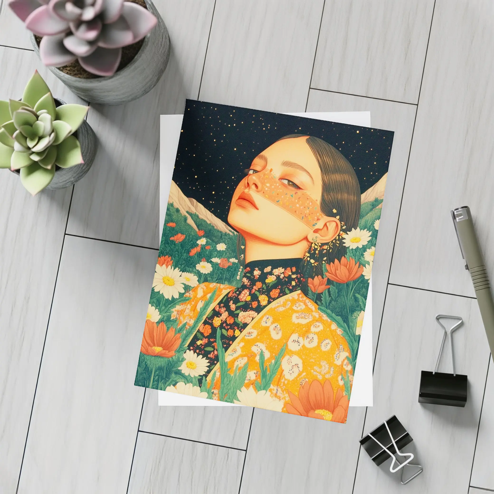 Woman In Flowers Starry Night Illustration – Postcards