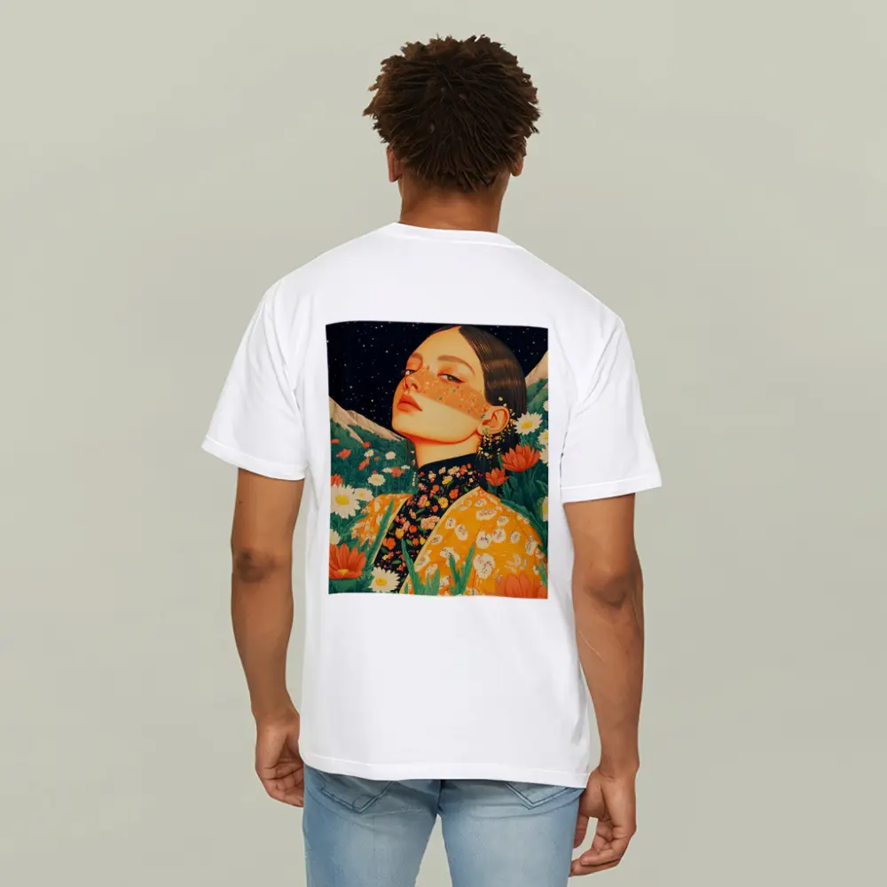 Woman In Flowers Starry Night Illustration – T-Shirts