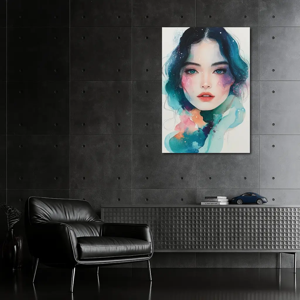 Watercolor Girl Portrait Blue Teal Galaxy – Wall Art