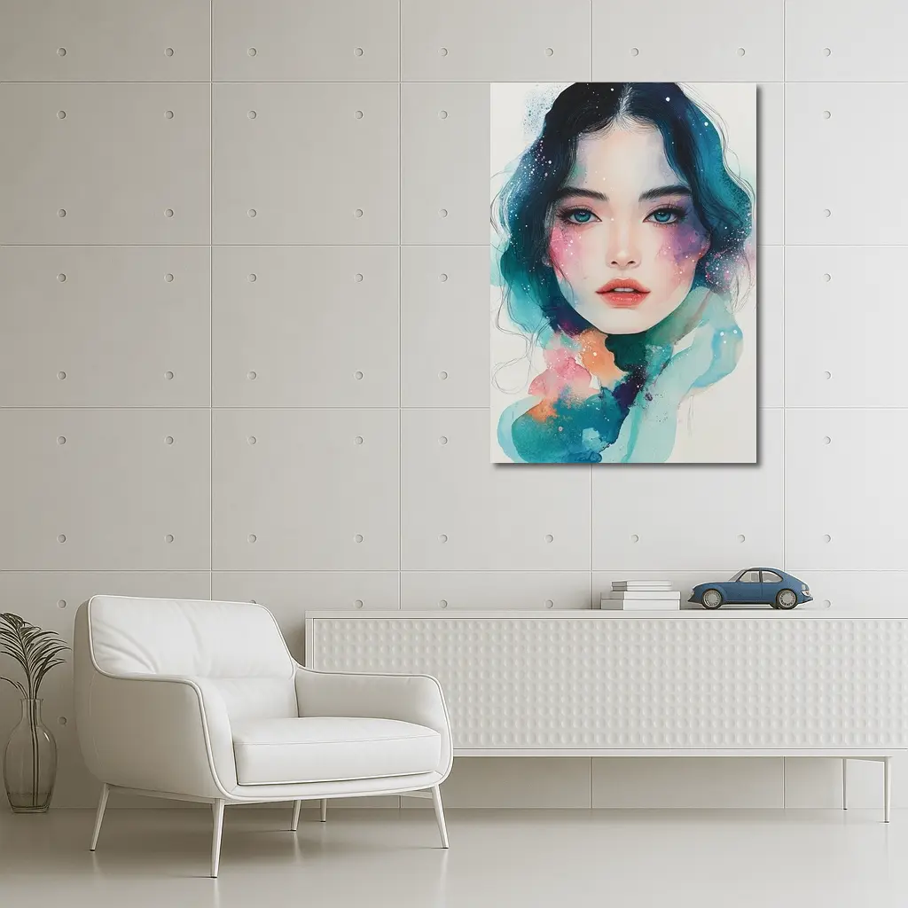 Watercolor Girl Portrait Blue Teal Galaxy – Wall Art