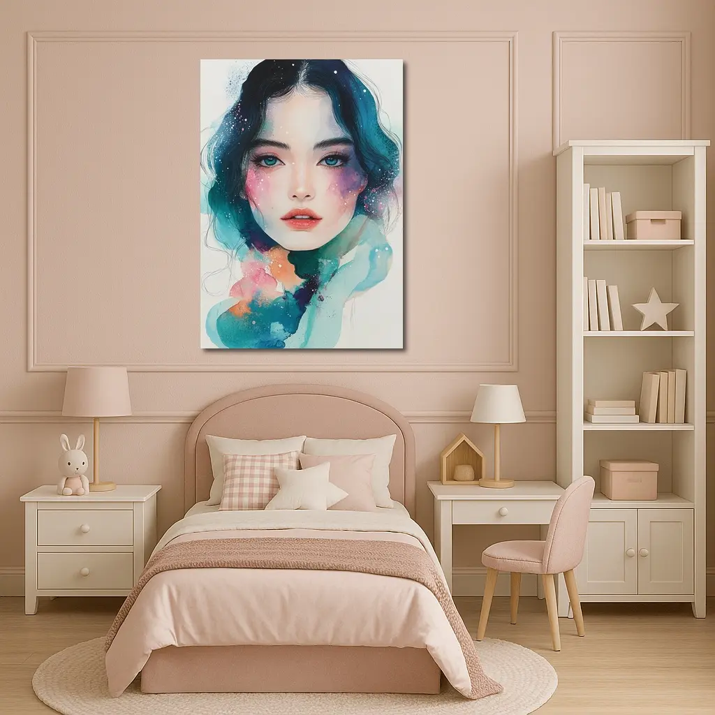 Watercolor Girl Portrait Blue Teal Galaxy – Wall Art